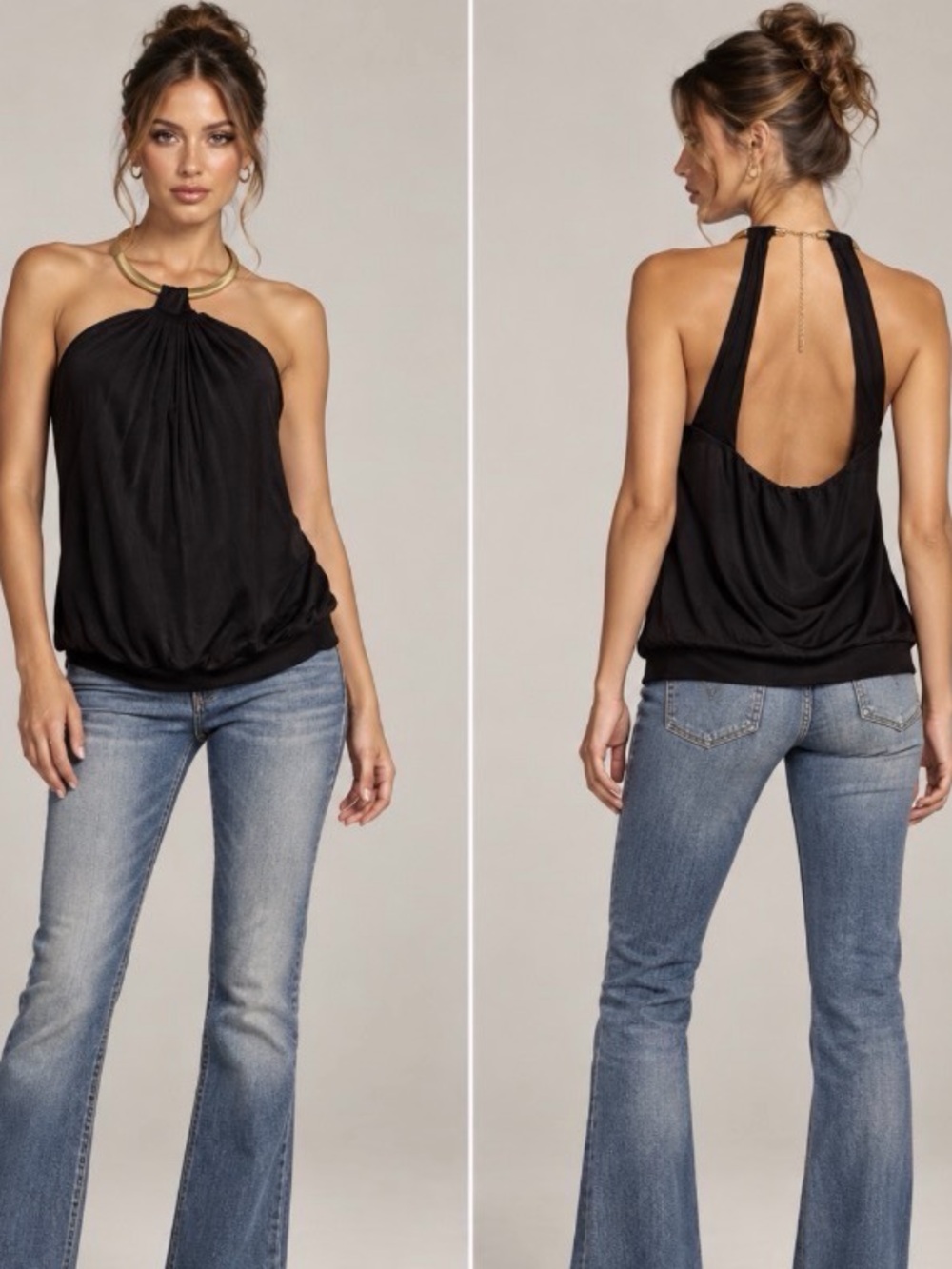 XOXO Black Halter Open-Back Camisole with Gold Tone Collar
